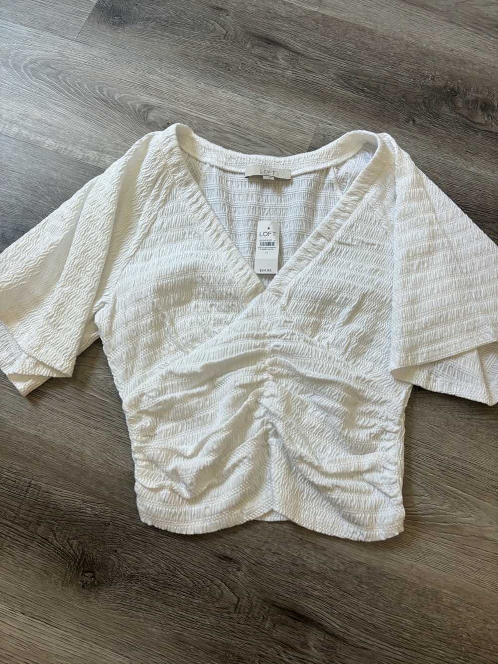LOFT White Textured Ruched V-Neck Crop Top Cotton